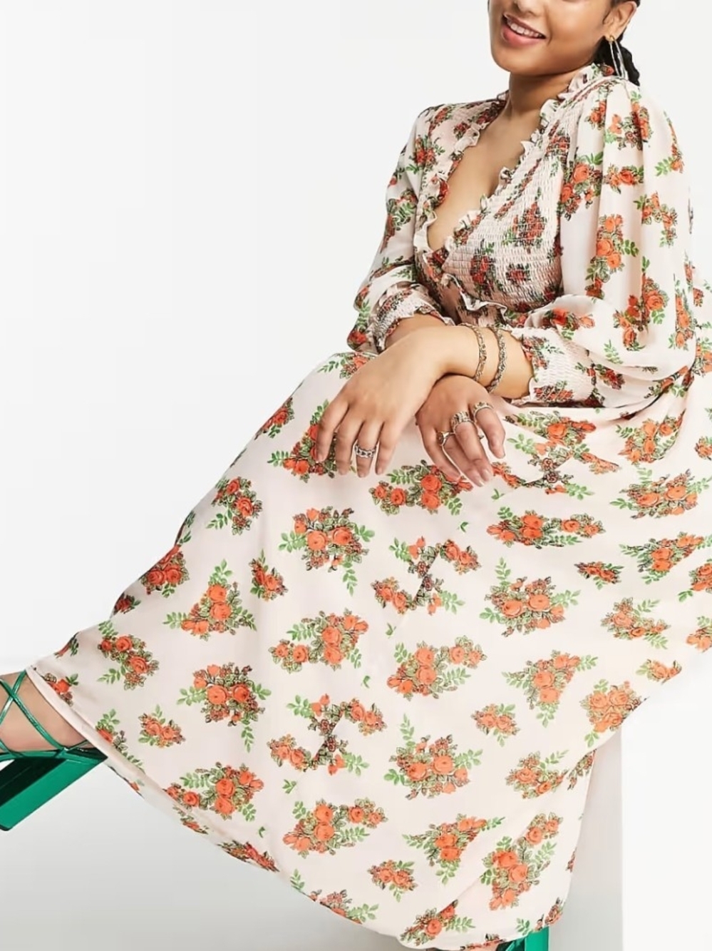 ASOS Design Cream/Pink Maxi Dress Floral Print, V-neck, Smocked, Size 22